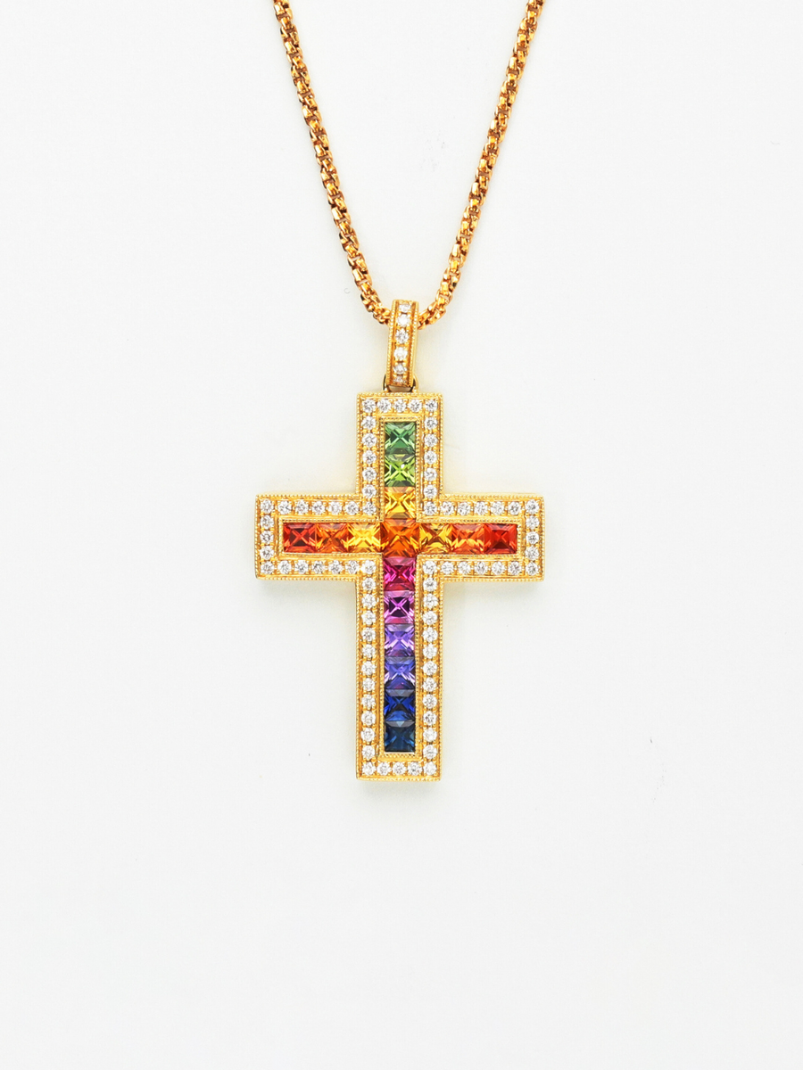 K18・Pt900・マルチカラーサファイヤダイヤペンダントトップ